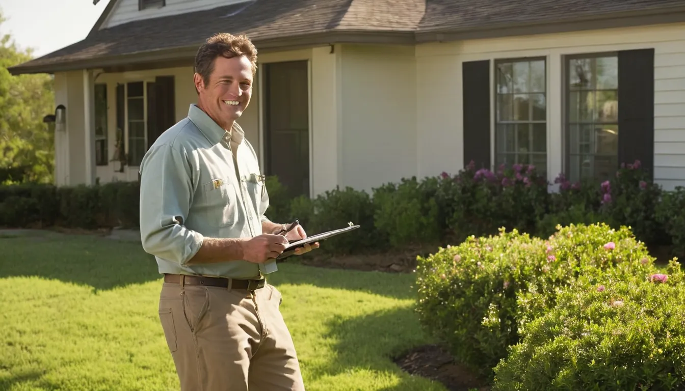A friendly pest control provider talking with a homeowner at the front door of a brick ranch home near Rockwall